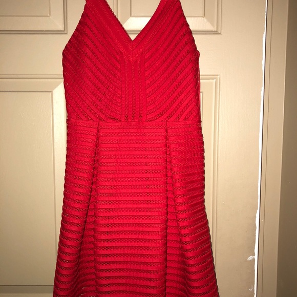 Express Red Mesh V-neck pleated fit & flare dress - Picture 2 of 5
